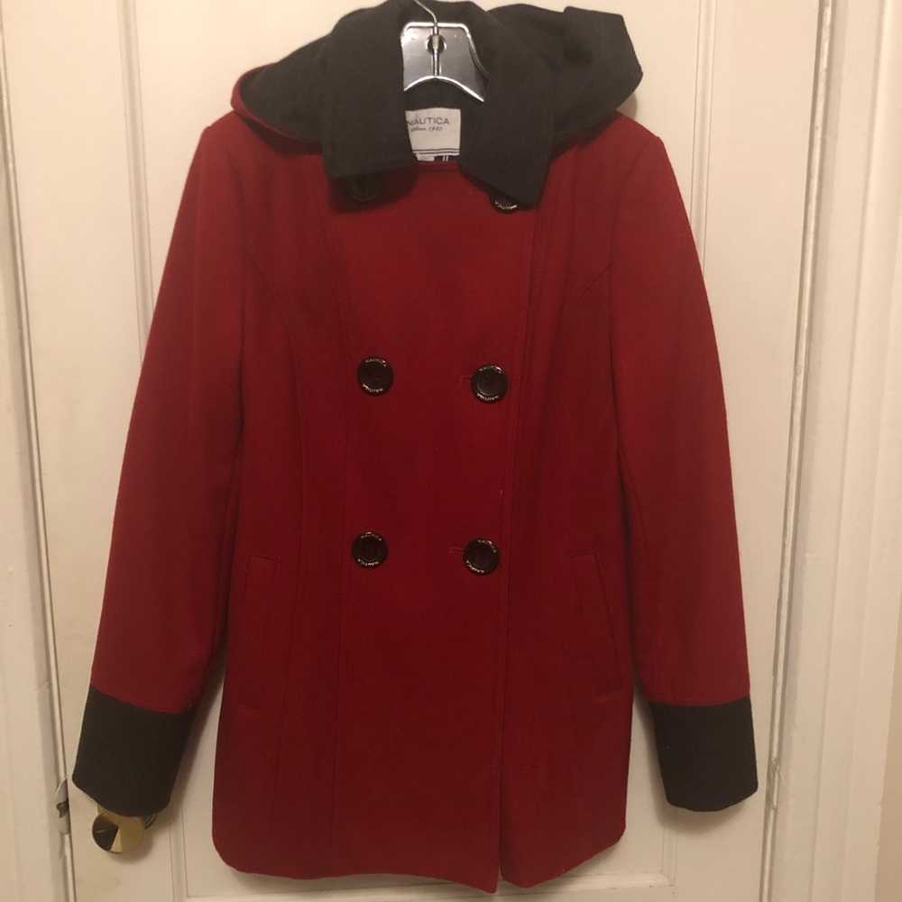 Náutica double breasted hooded red pea coat